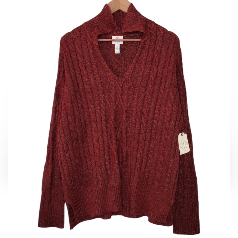 NWT St. John's Bay Rustic Brick Cable Knit Pullover Long Sleeve V-Neck Sweater